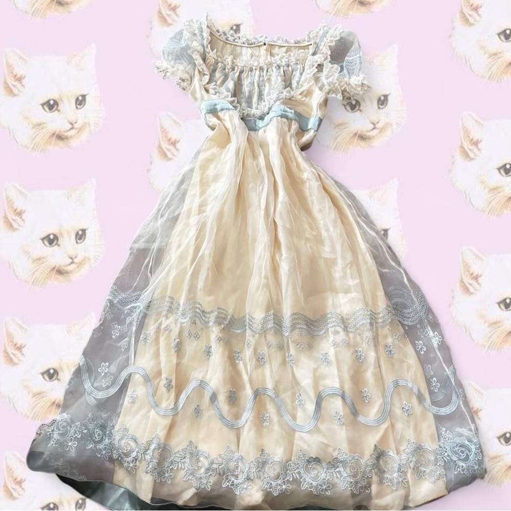 Cream and Light Blue Vintage-Inspired Lace Dress